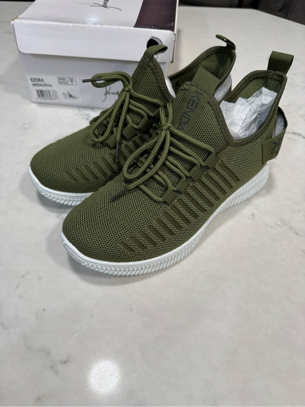 Kendall & Kylie Olive Green Knit Lace-Up Sneakers with White Sole
